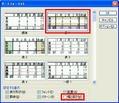 オートフォーマットダイアログボックス