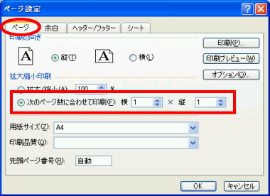 ページ設定ダイアログボックス表示